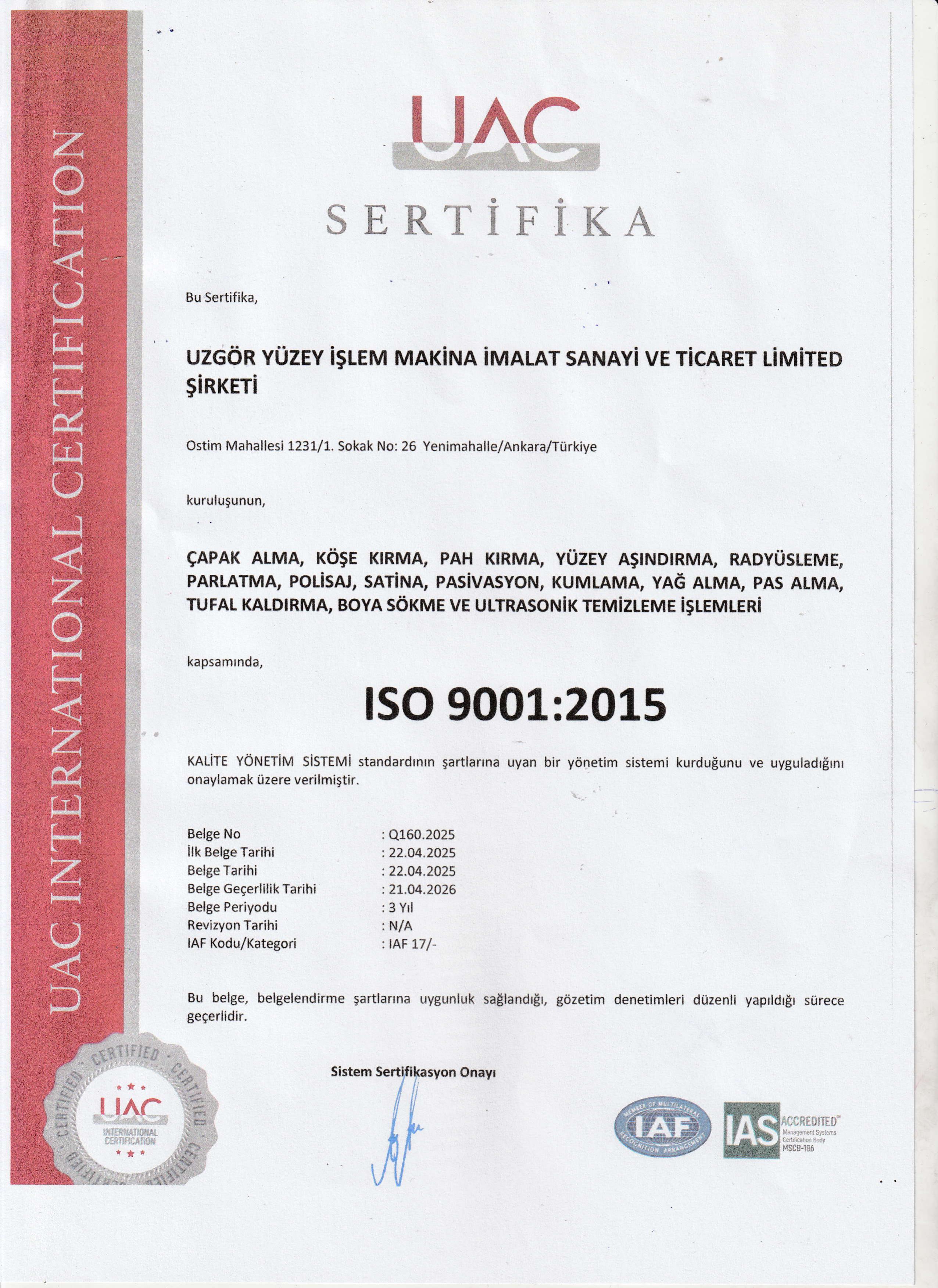 ISO 9001:2015 Kalite Yönetim Sistemi