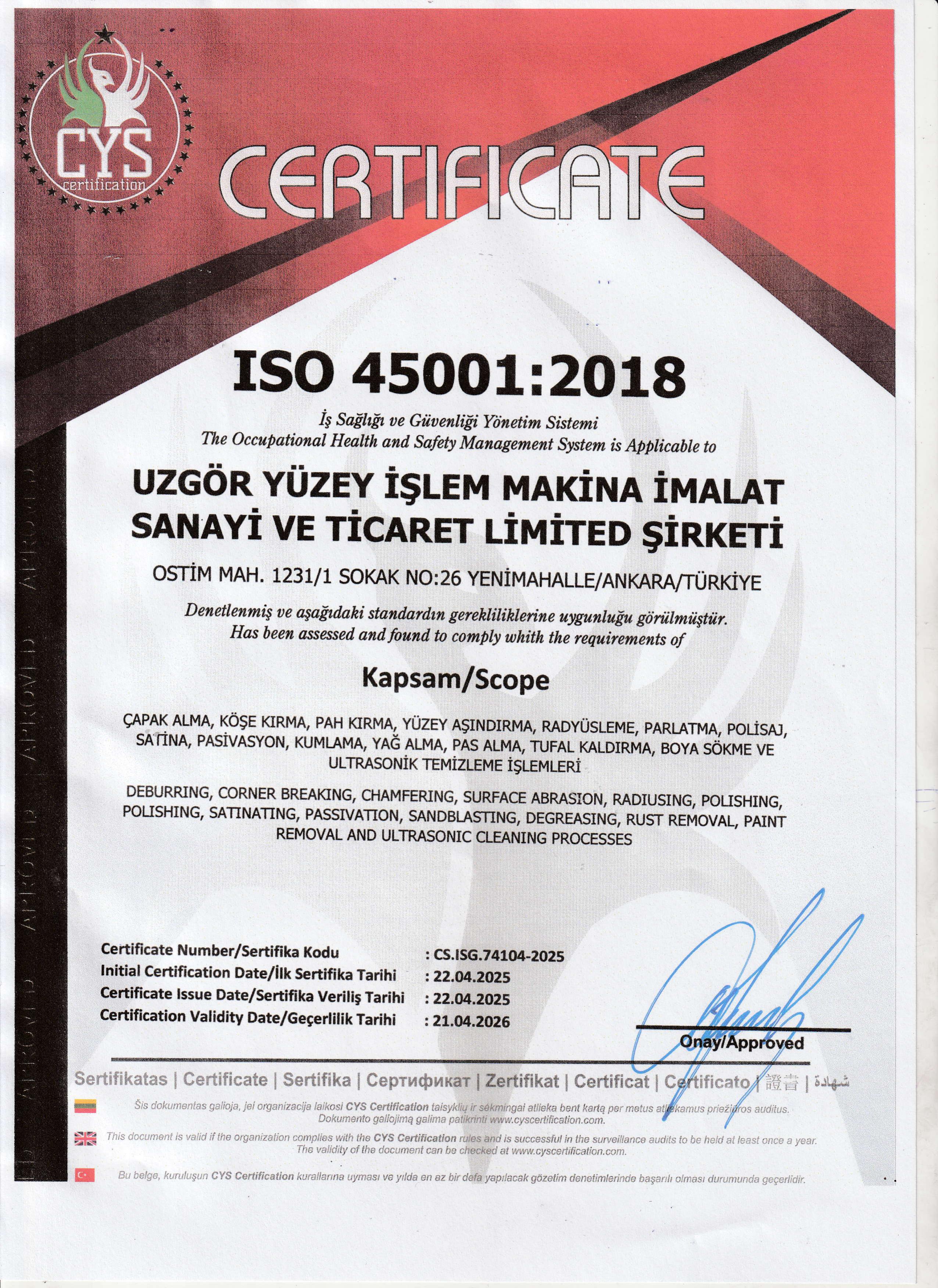ISO 45001:2018 İş Sağlığı ve Güvenliği Yönetim Sistemi